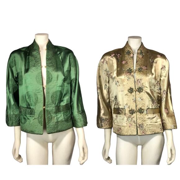 Silk Chinese quilted green, gold Reversible  jacket  rope frog clasps size small - Picture 1 of 16